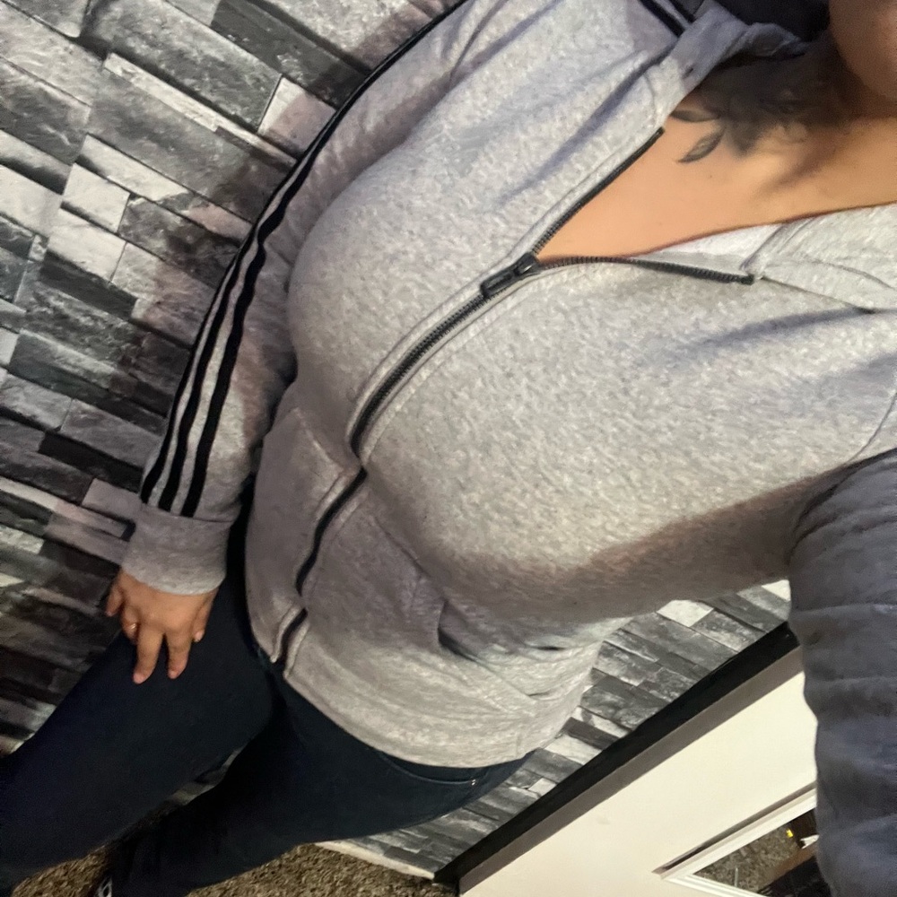 Adidas Light Gray Zip-Up Hoodie with Black Sleeve Stripes